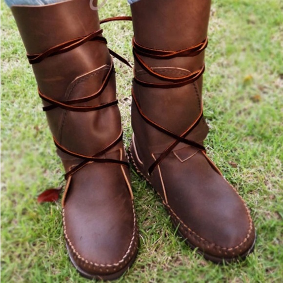 Shoes - Handmade Brown Wrap Leather Elf Boots Minimalist Moccasin Knee High Boots 8.5